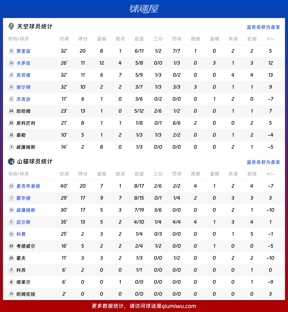 天空vs山猫球员数据
