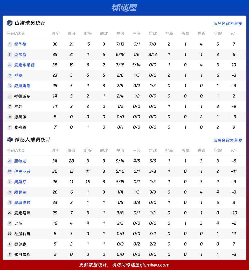 山猫vs神秘人球员数据